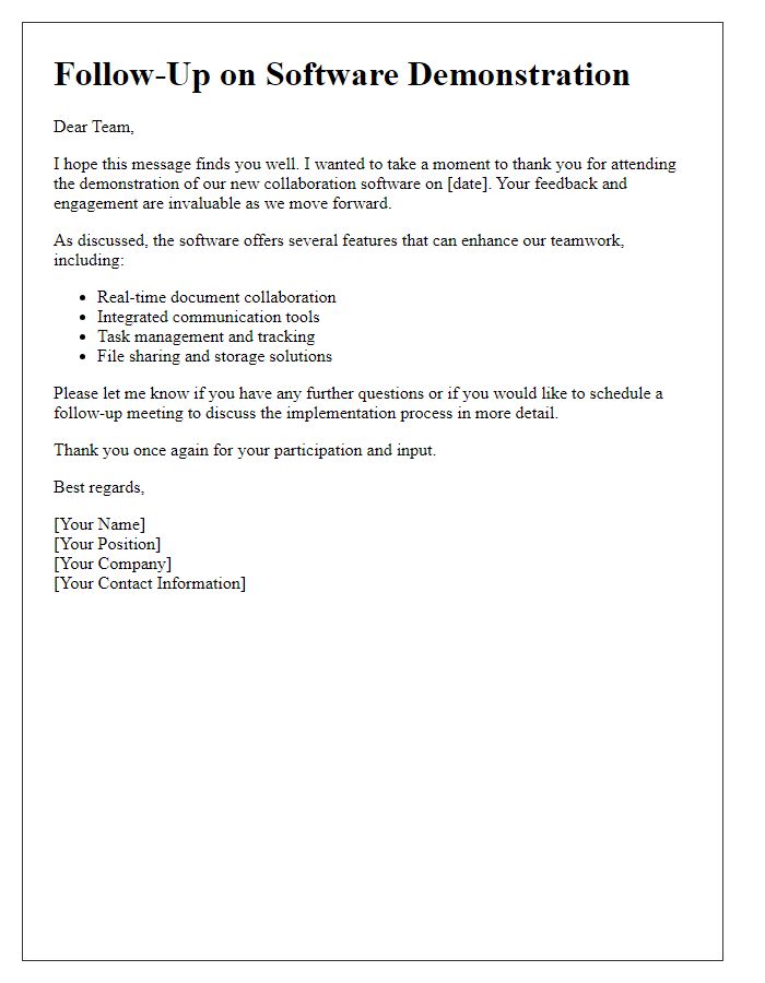 Letter template of follow-up software demonstration for team collaborations