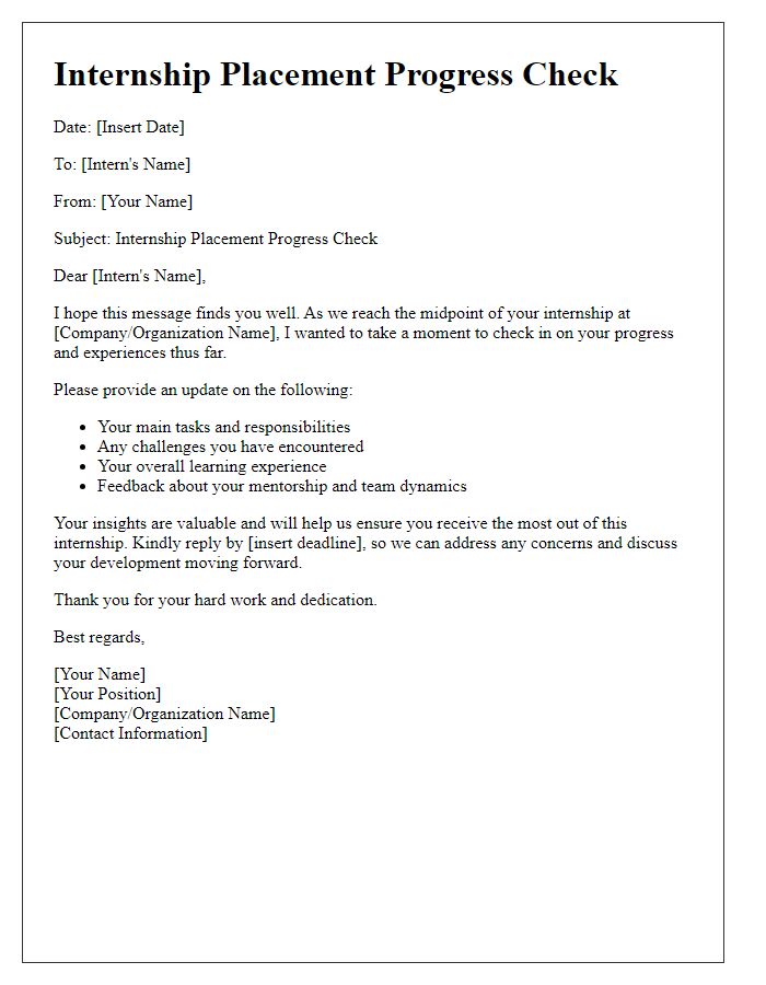 Letter template of internship placement progress check