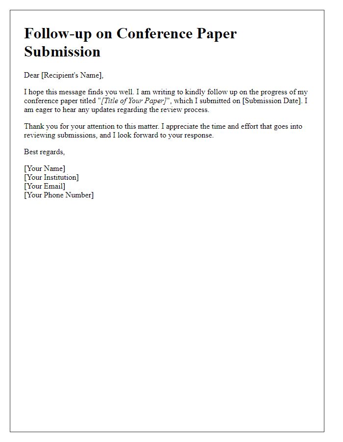 Letter template of courtesy follow-up on conference paper progress