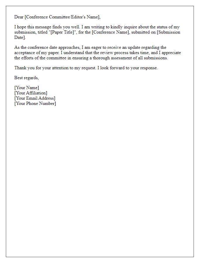 Letter template of update request for conference paper acceptance