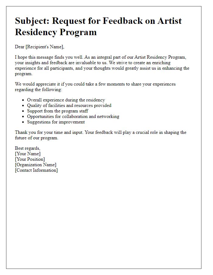 Letter template of artist residency program feedback request