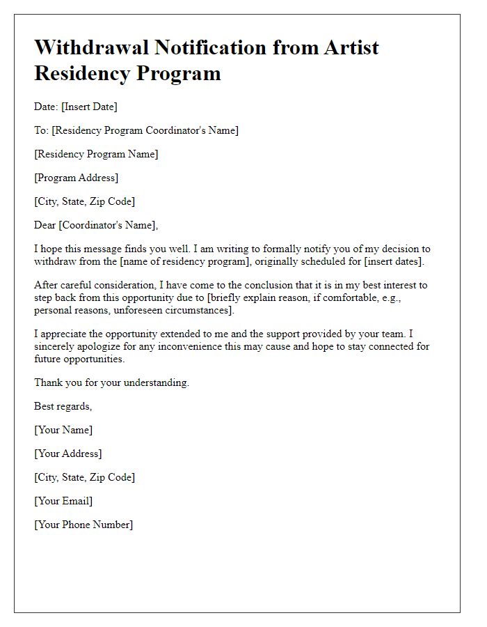 Letter template of artist residency withdrawal notification