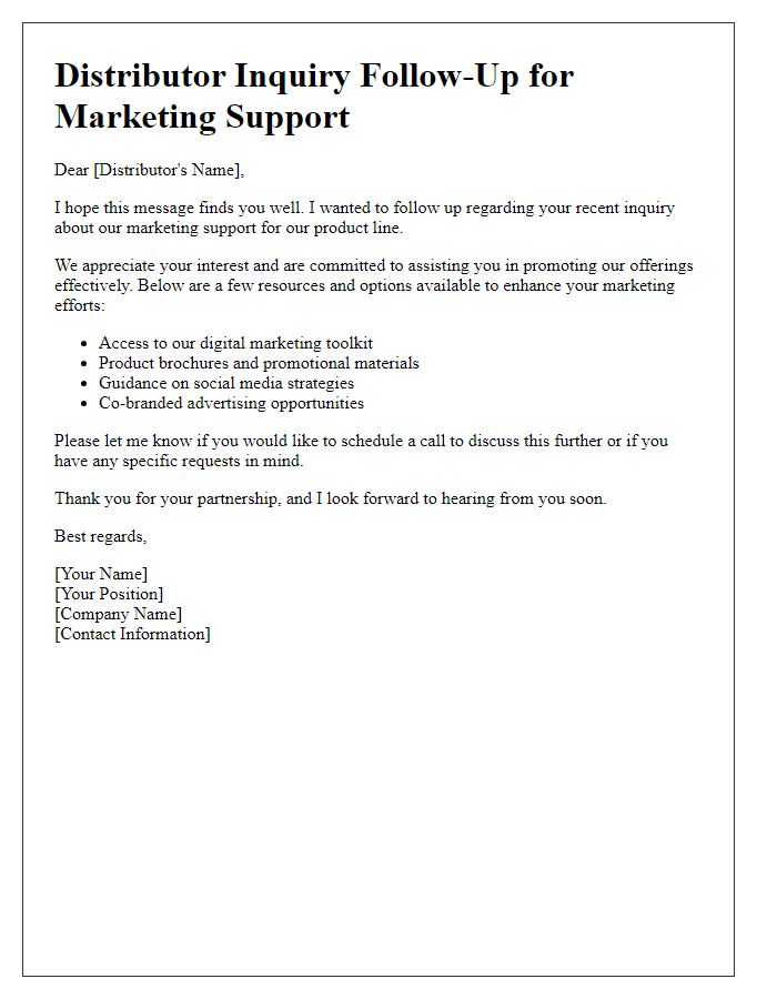 Letter template of Distributor Inquiry Follow-Up for Marketing Support