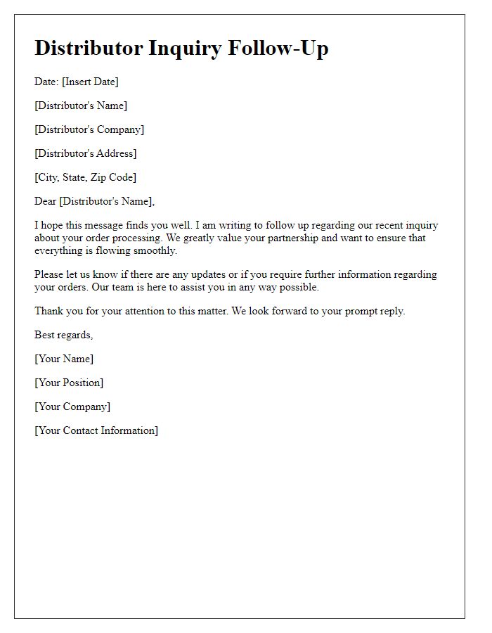 Letter template of Distributor Inquiry Follow-Up for Order Processing