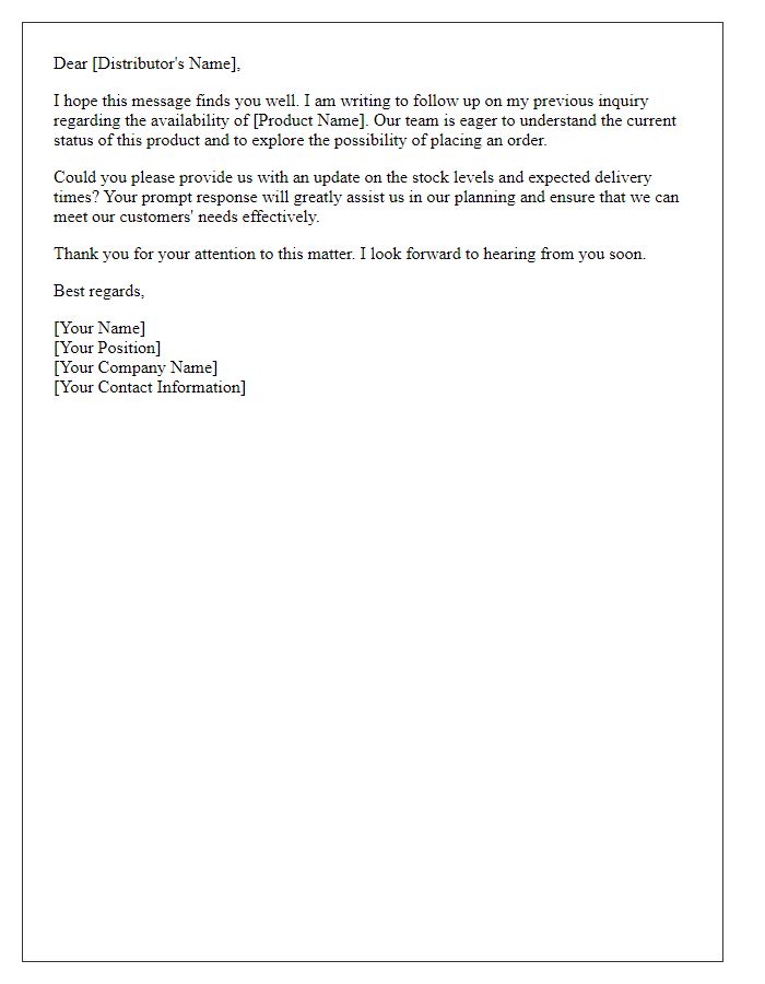 Letter template of Distributor Inquiry Follow-Up for Product Availability