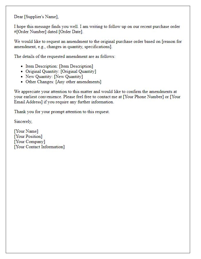 Letter template of follow-up purchase order amendment request.