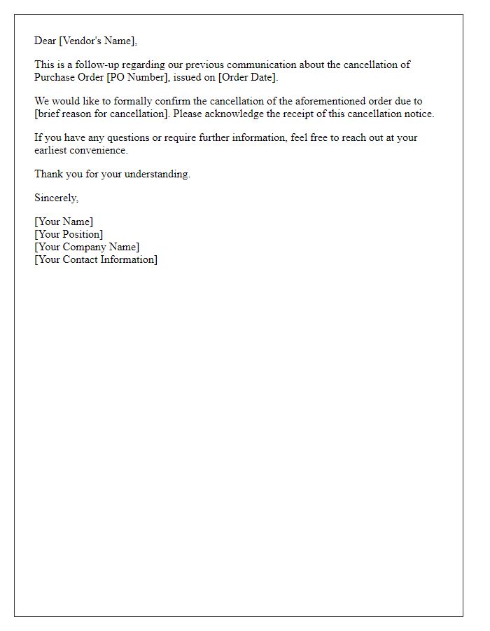 Letter template of follow-up purchase order cancellation notice.