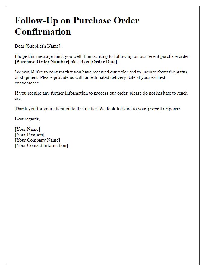 Letter template of follow-up purchase order confirmation.