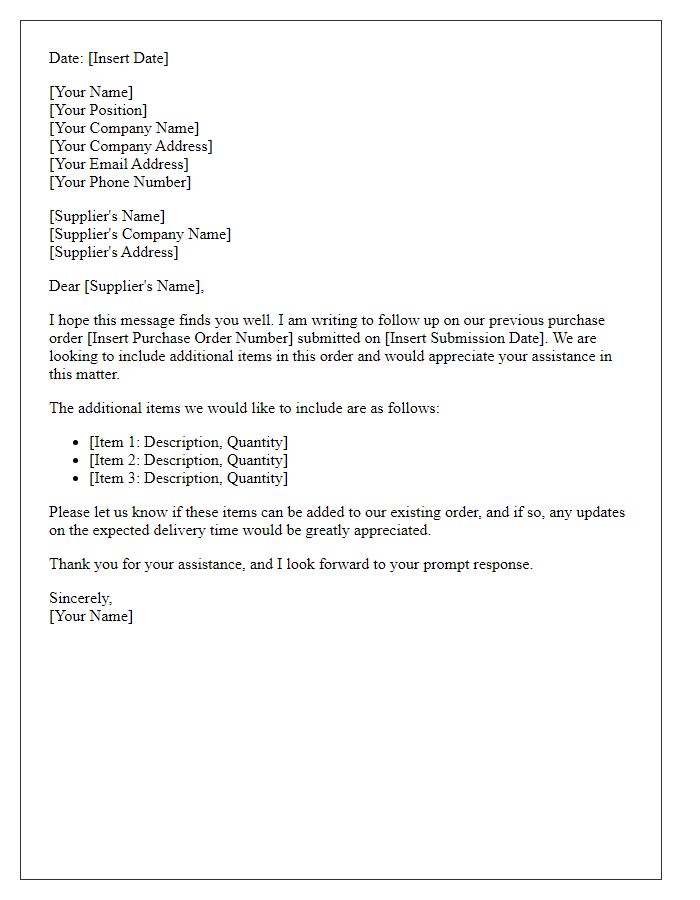 Letter template of follow-up purchase order query for additional items.