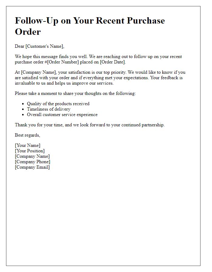 Letter template of follow-up purchase order satisfaction check.