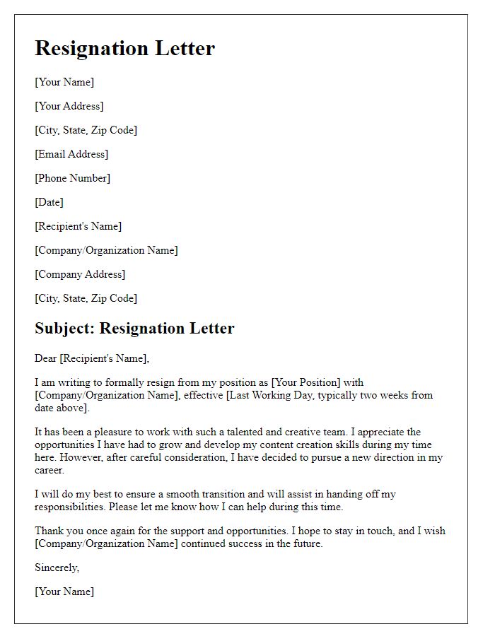 Letter template of resignation for content creators