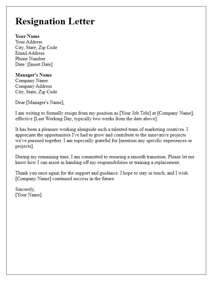 Letter template of resignation for marketing creatives