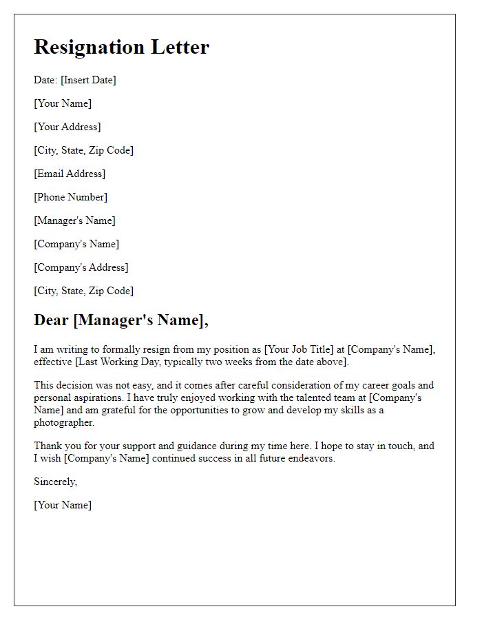 Letter template of resignation for photographers