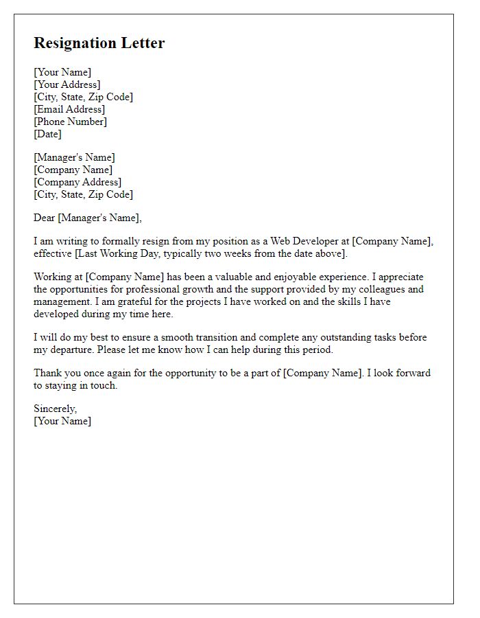 Letter template of resignation for web developers