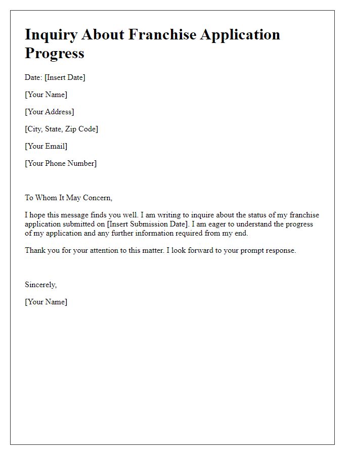 Letter template of inquiry about franchise application progress