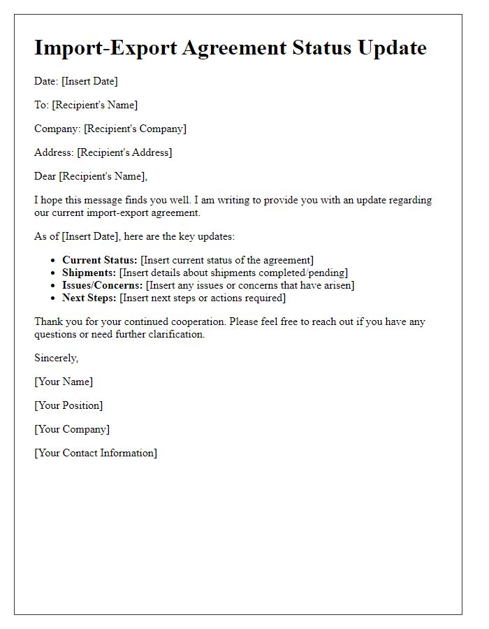 Letter template of import-export agreement status update.