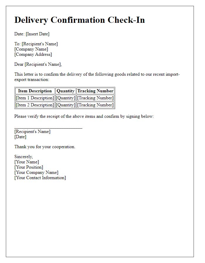 Letter template of import-export delivery confirmation check-in.