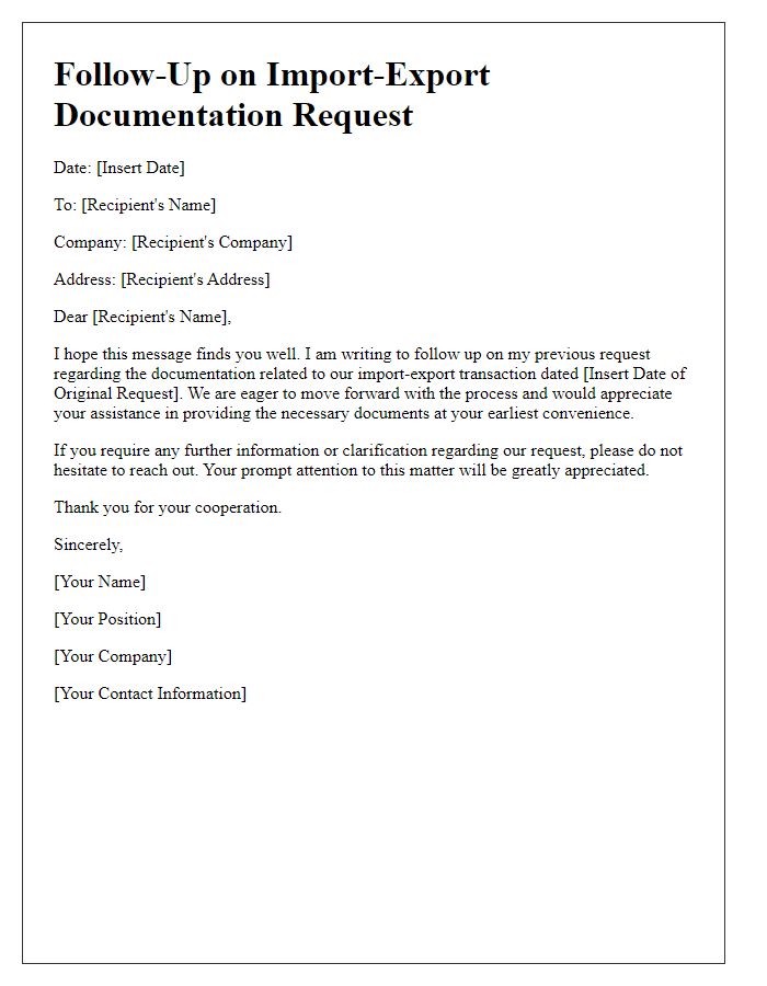 Letter template of import-export documentation request follow-up.