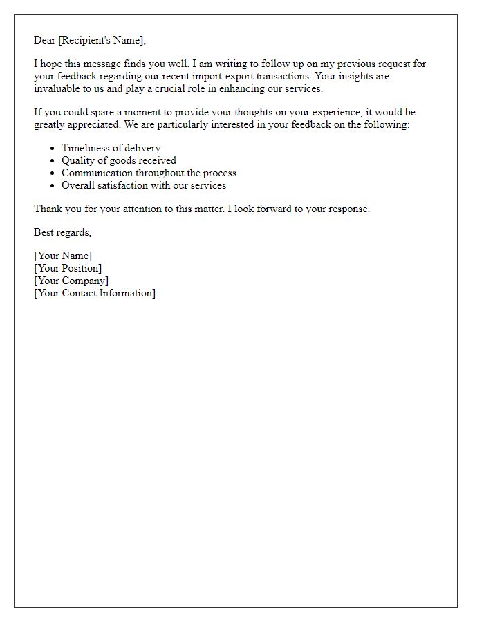Letter template of import-export feedback request follow-up.