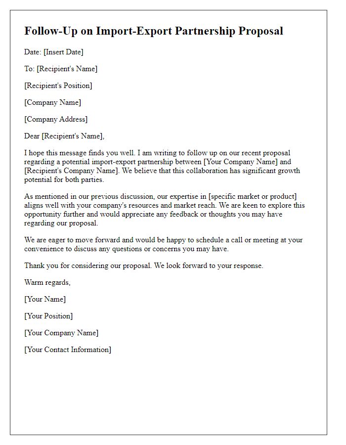 Letter template of import-export partnership proposal follow-up.