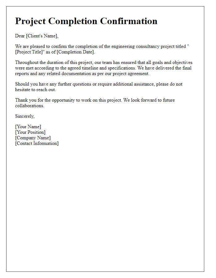 Letter template of engineering consultancy project completion confirmation.