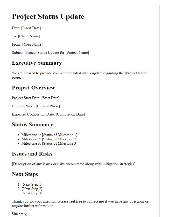 Letter template of engineering consultancy project status update.