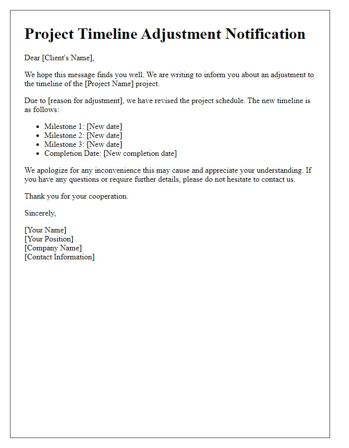 Letter template of engineering consultancy project timeline adjustment notification.