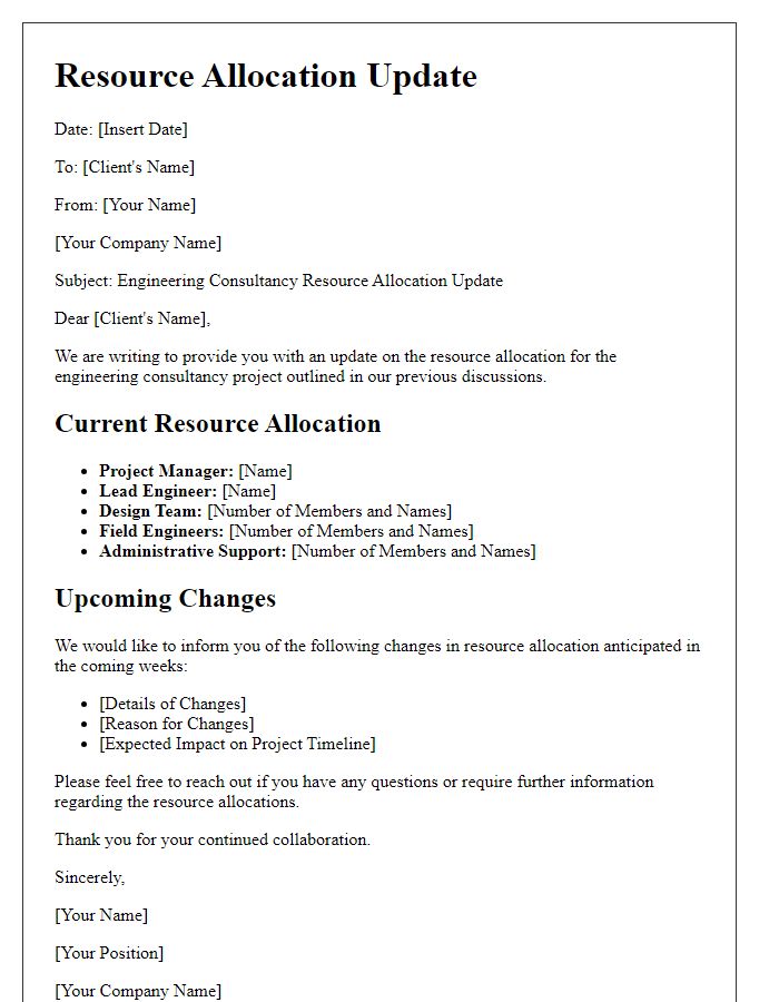 Letter template of engineering consultancy resource allocation update.