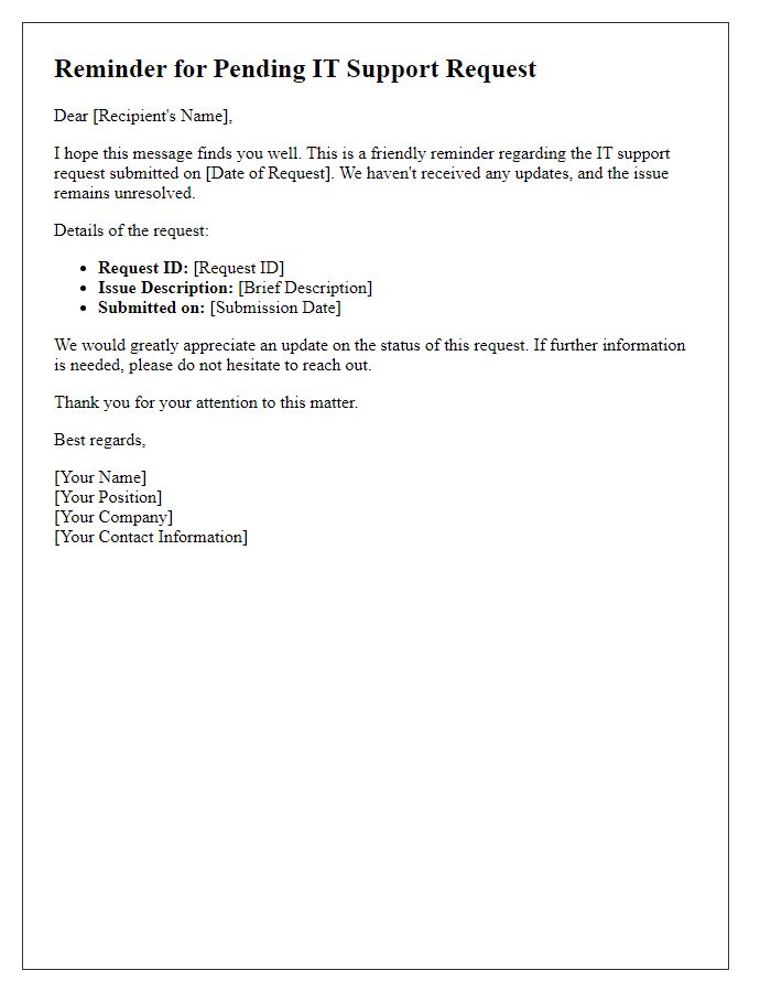 Letter template of reminder for pending IT support