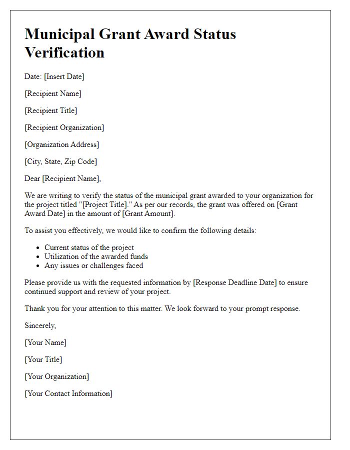 Letter template of municipal grant award status verification