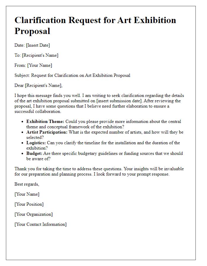 Letter template of clarification request for art exhibition proposal details