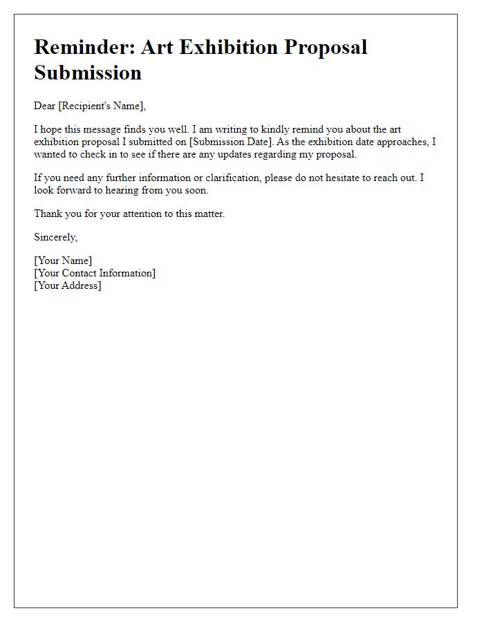 Letter template of reminder on submitted art exhibition proposal