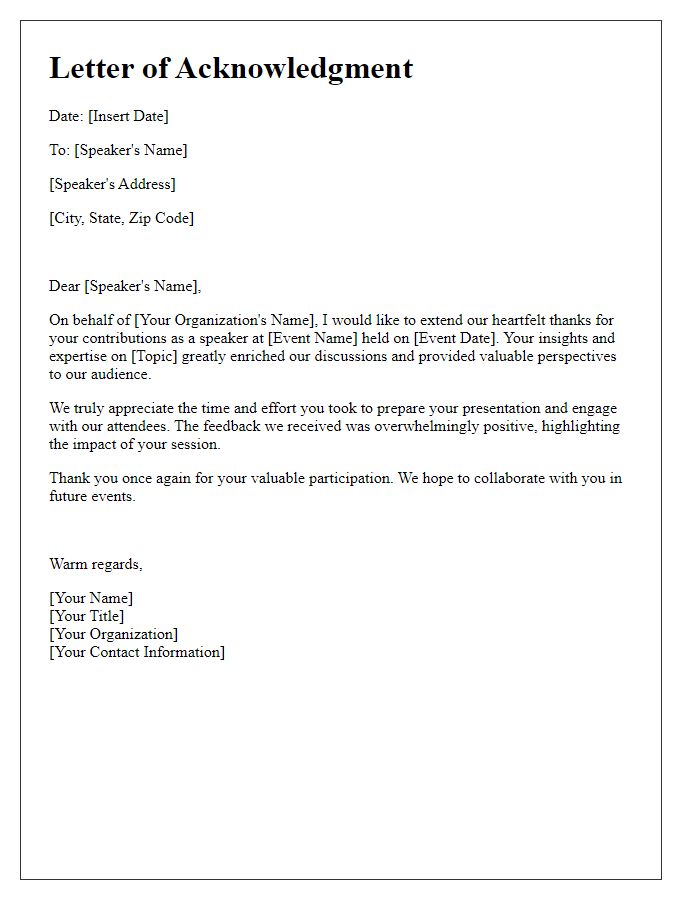 Letter template of acknowledgment for speaker contributions after the event