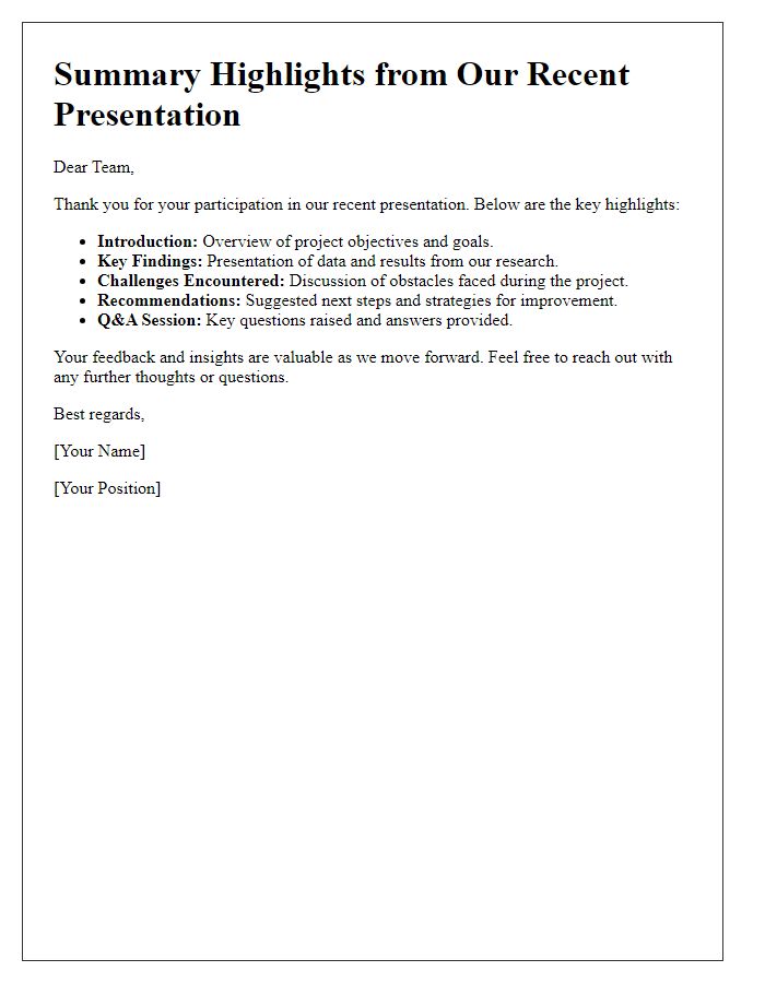 Letter template of summary highlights from our recent presentation