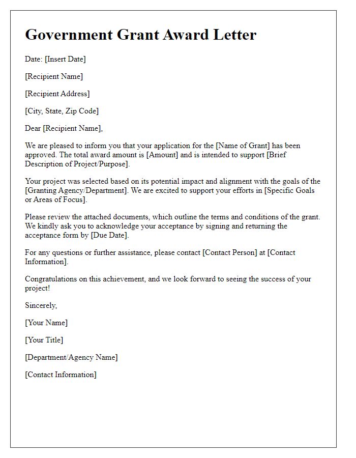 Letter template of award letter for government grant