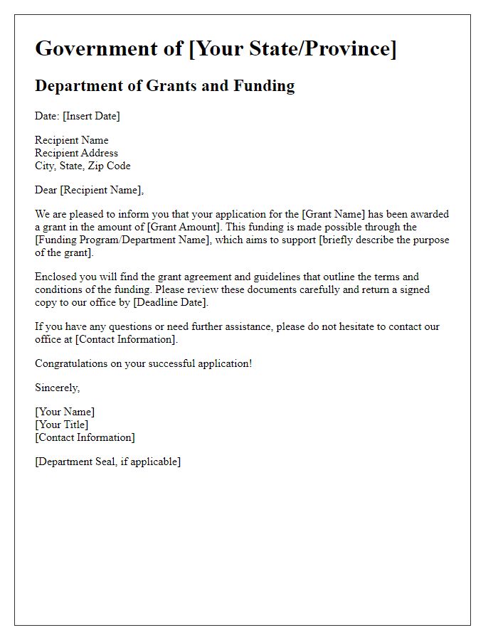 Letter template of government grant allocation notification