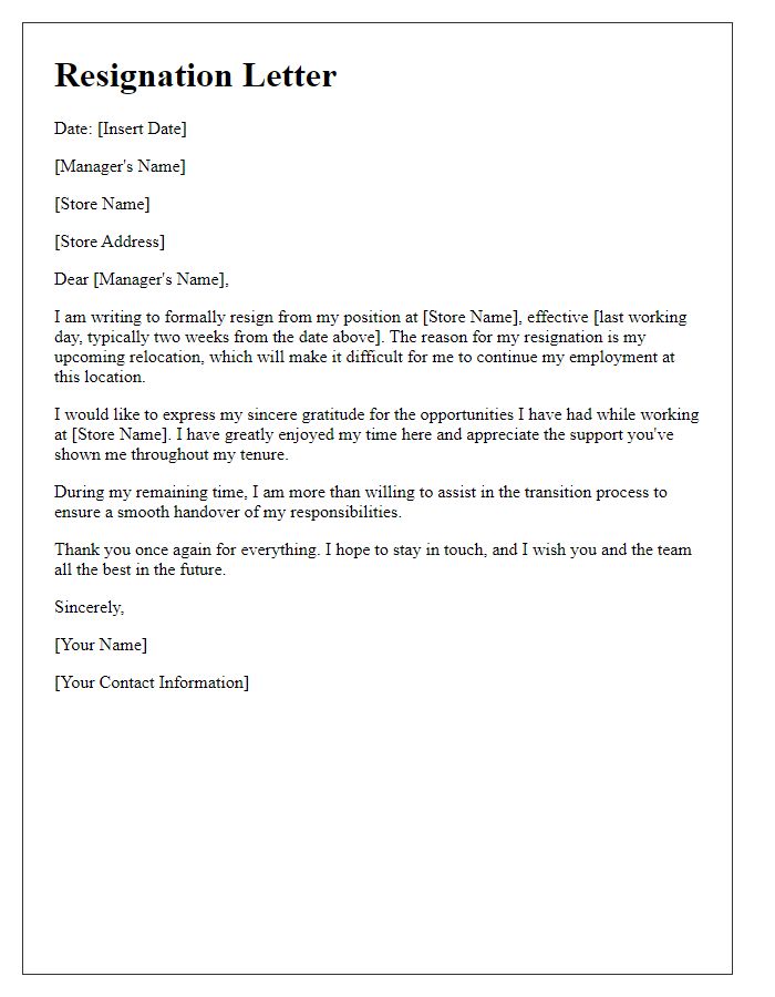 Letter template of resignation due to relocation from retail