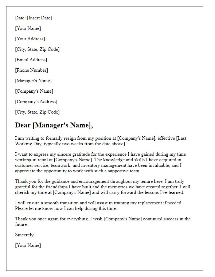 Letter template of resignation expressing gratitude for retail experience