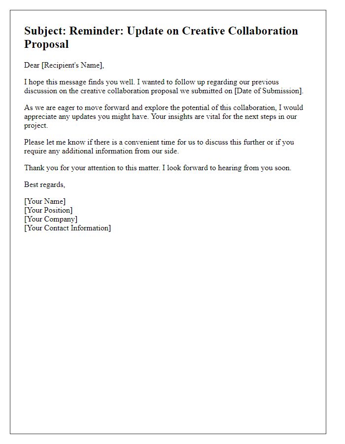 Letter template of reminder for creative collaboration proposal update