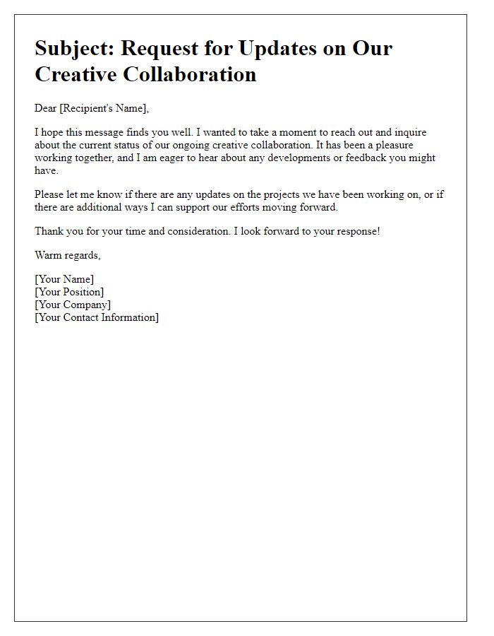 Letter template of soliciting updates on creative collaboration efforts