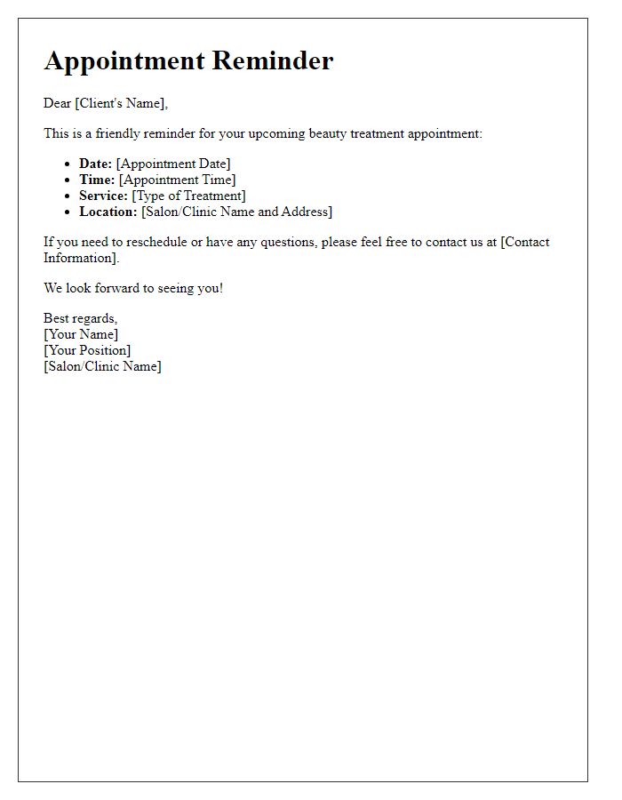 Letter template of appointment reminder for a beauty treatment