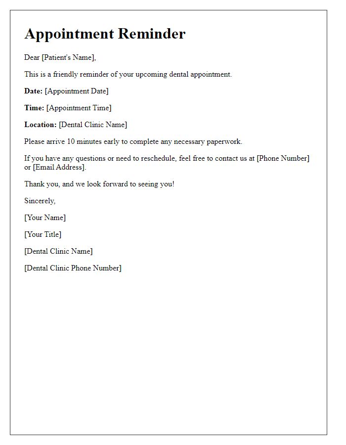 Letter template of appointment reminder for a dental visit