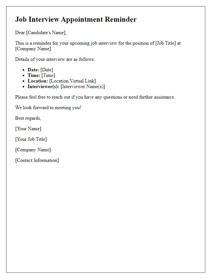 Letter template of appointment reminder for a job interview