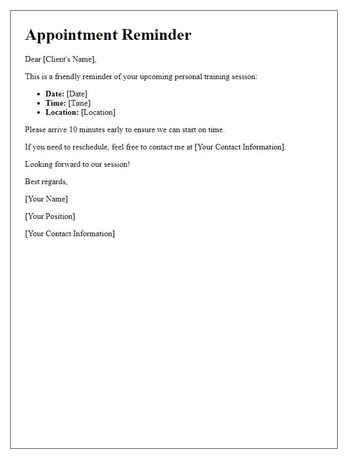 Letter template of appointment reminder for a personal training session