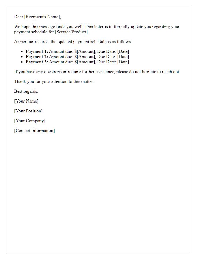 Letter template of payment schedule update