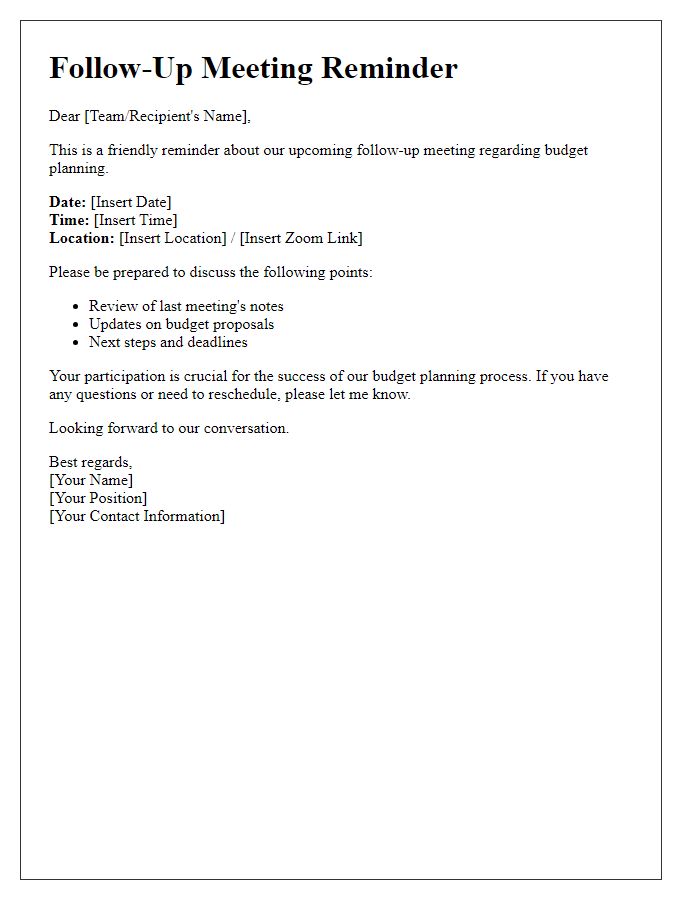 Letter template of follow-up meeting reminder for budget planning