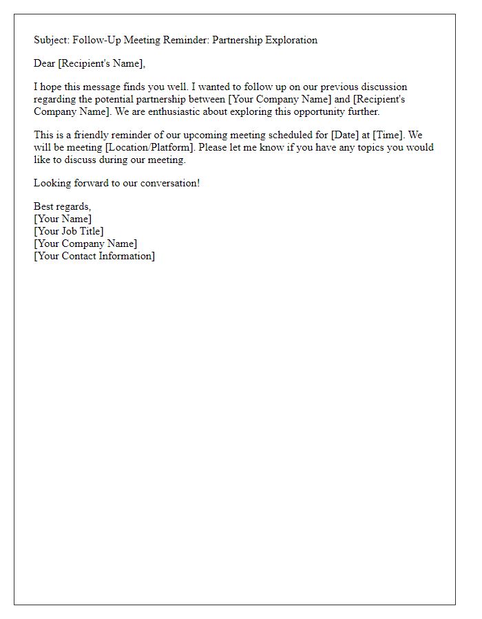 Letter template of follow-up meeting reminder for partnership exploration