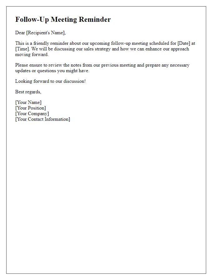 Letter template of follow-up meeting reminder for sales strategy discussion