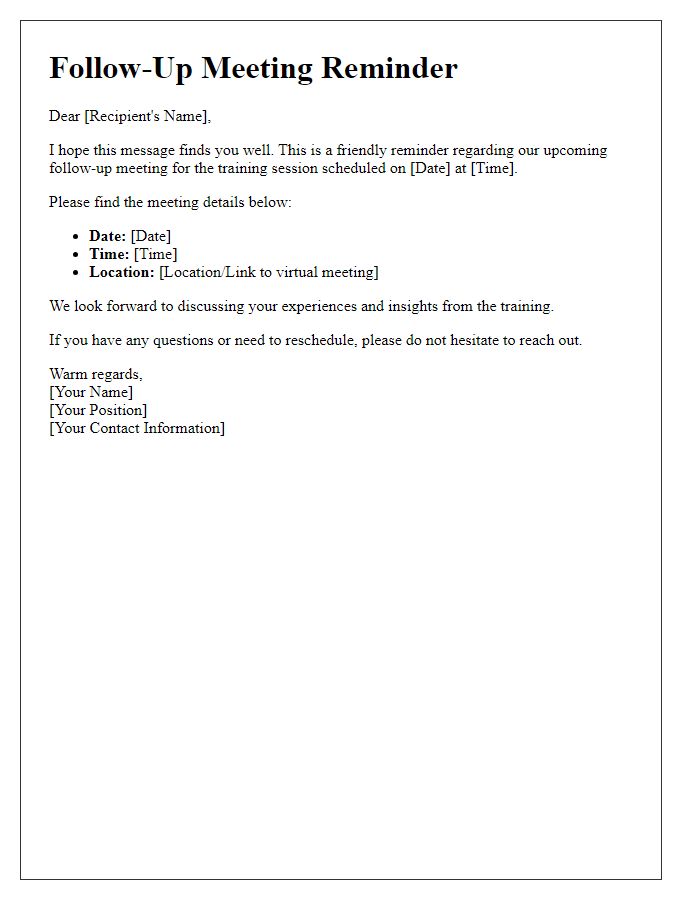 Letter template of follow-up meeting reminder for training session