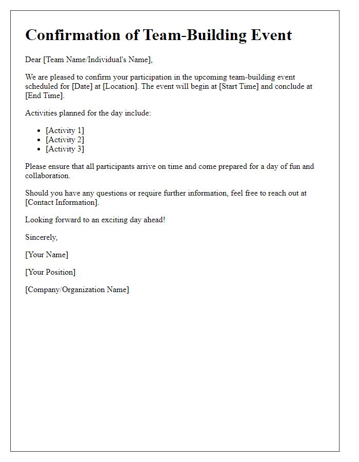 Letter template of confirmation for team-building event